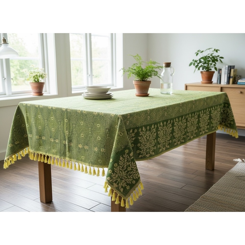 Vintage Swedish Green Thick Woven Reversible Tablecloth, Wall, Rug Fringe 56x80"